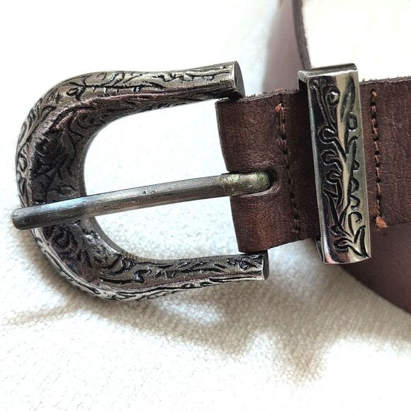 Brown Leather Belt with Cabachon Stone Medallions & Silver Scroll Work Buckle - Picture 2 of 10